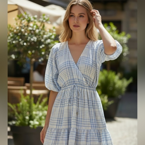 MINKPINK Dresses & Skirts - NWT MINKPINK Parker Blue Check Puff Sleeve Mini Dress Size Large L Gingham Plaid